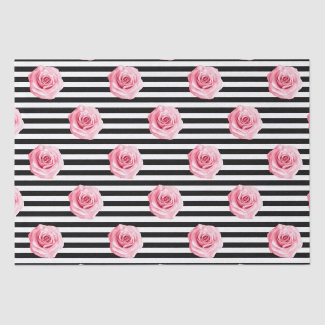 Elegant Shabby Chic Pink Roses and Stripes Tissue Paper (Front)