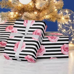 Elegant Shabby Chic Pink Roses and Stripes Wrapping Paper