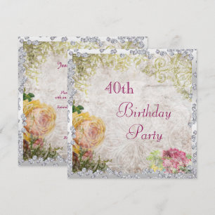 Elegant Shabby Chic Roses & Diamonds 40th Birthday Invitation