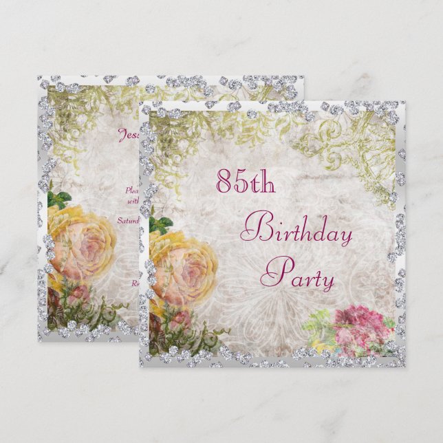Elegant Shabby Chic Roses & Diamonds 85th Birthday Invitation (Front/Back)