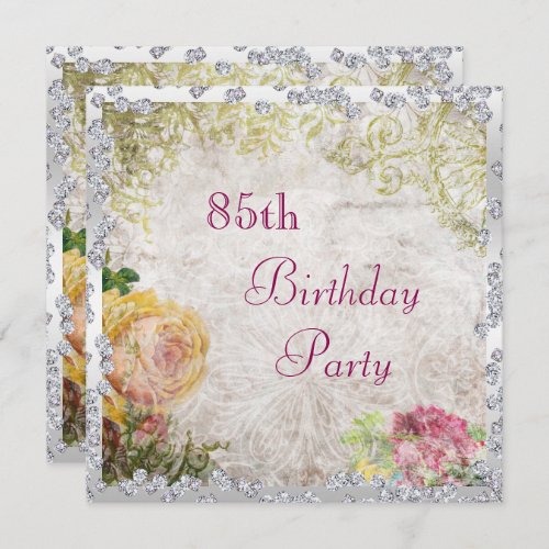 Elegant Shabby Chic Roses  Diamonds 85th Birthday Invitation