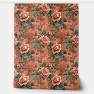 Elegant shabby chic terracotta rusty English roses Wallpaper