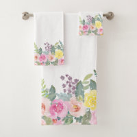 Elegant Shabby Chic Watercolor Spring Floral Bath Towel Set