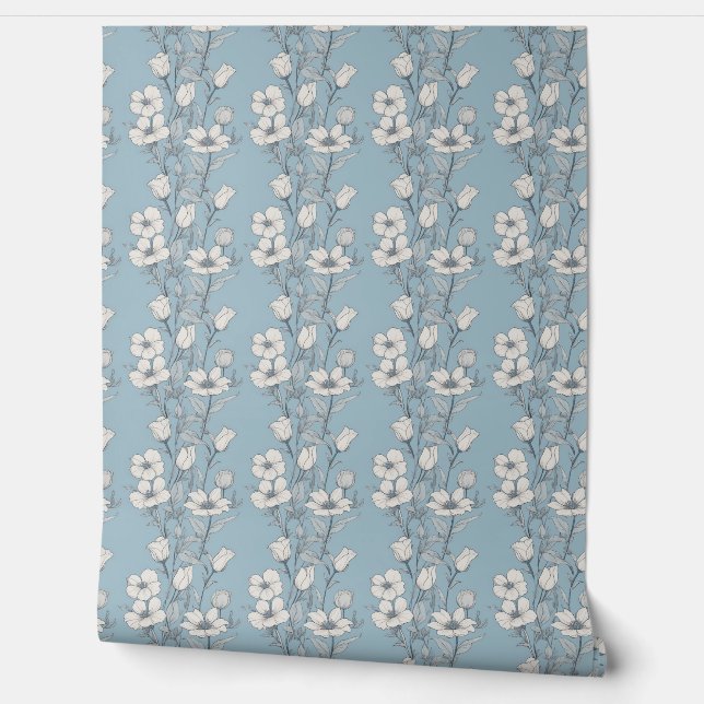 Elegant shades of blue and white flowers wallpaper  (Unrolling)