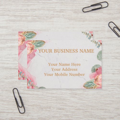 Elegant shades of peach  florals and lush greens  business card