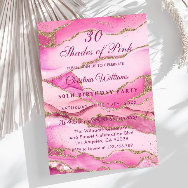 Elegant Shades of Pink Birthday Party  Invitation (Elegant Pink and Gold Marble, Shades of Pink Birthday Party Invitation)