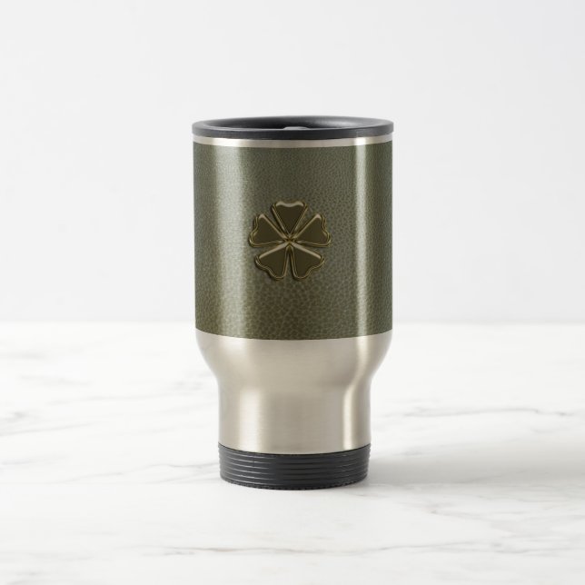 Elegant  Shamrock St.Patrick`s Day,Green Leather Travel Mug (Center)