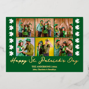 Elegant Shamrock St. Patrick's Day Family photo Foil Holiday Card