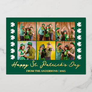 Elegant Shamrock St Patricks Day Family photo Foil Holiday Card