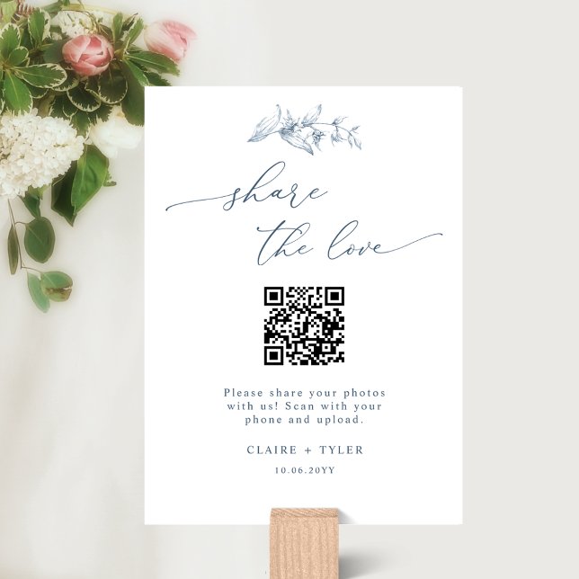 Elegant Share the Love, Blue Wedding QR Code Sign (Creator Uploaded)