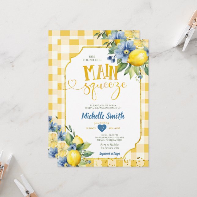 Elegant She Found Her Citrus Lemon Bridal Shower Invitation (Front/Back In Situ)