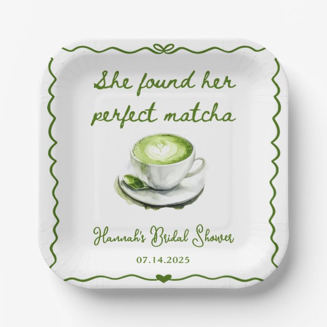 Elegant She Found Her Perfect Matcha Bridal Shower Paper Plates (Front)