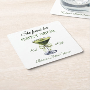 Elegant She Found Her Perfect Matcha Bridal Shower Square Paper Coaster