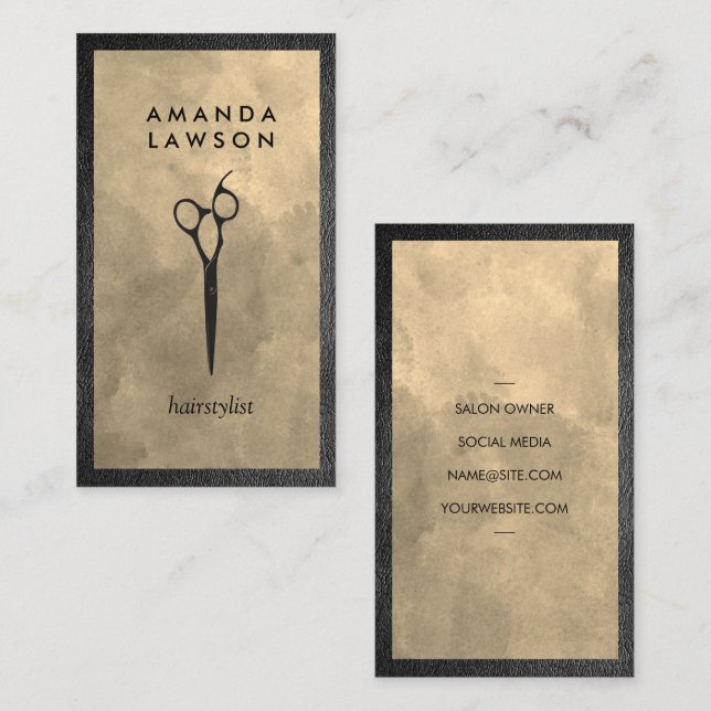 Elegant Shears Comb Gray | Leather Border Business Card (Front/Back)