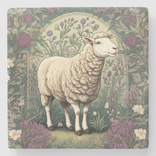 Elegant Sheep Lavender floral Background Stone Coaster (Front)