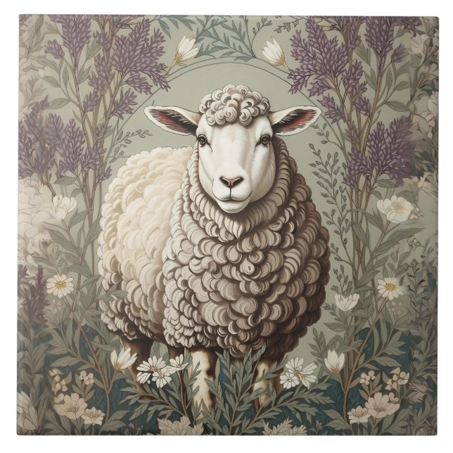 Elegant Sheep Lavender Flower Background Ceramic Tile (Front)
