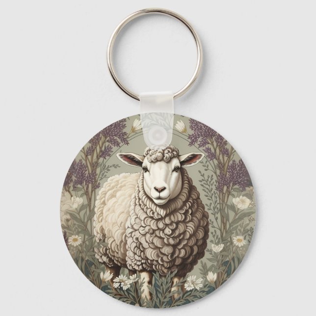 Elegant Sheep Lavender Flower Background Keychain (Front)