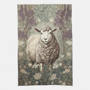 Elegant Sheep Lavender Flower Background Kitchen Towel