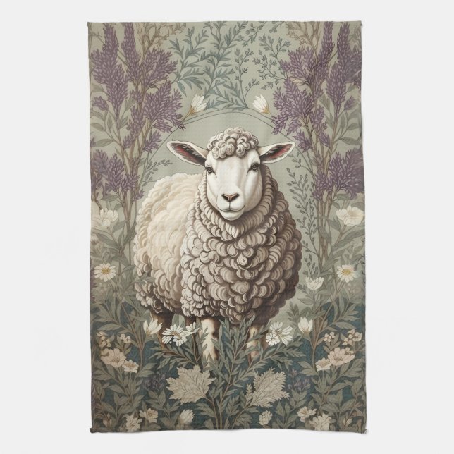 Elegant Sheep Lavender Flower Background Kitchen Towel (Vertical)