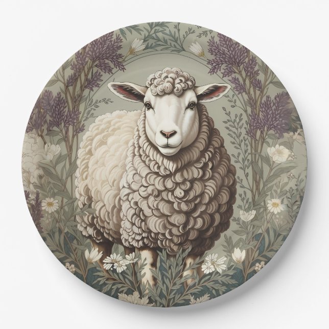 Elegant Sheep Lavender Flower Background Paper Plates (Front)