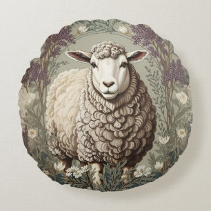 Elegant Sheep Lavender Flower Background Round Pillow