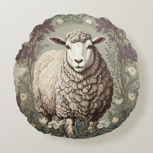 Elegant Sheep Lavender Flower Background Round Pillow (Front)
