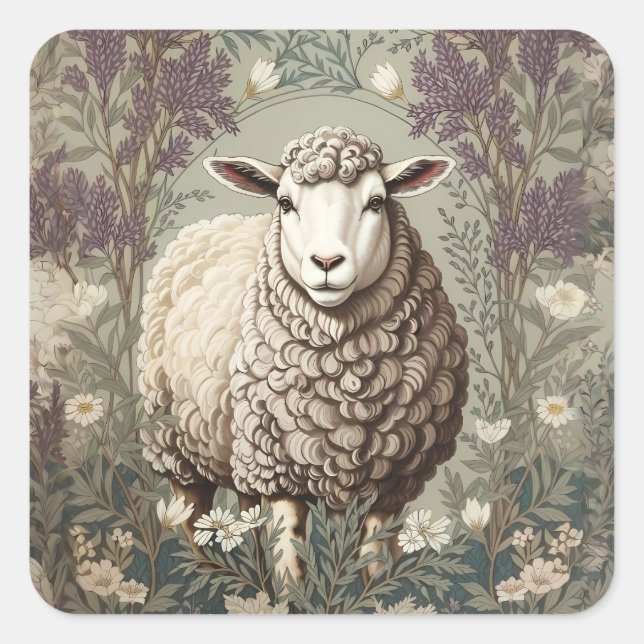 Elegant Sheep Lavender Flower Background Square Sticker (Front)