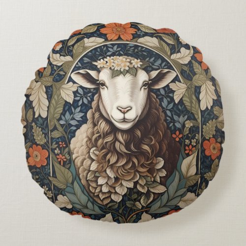 Elegant Sheep William Morris Floral Round Pillow