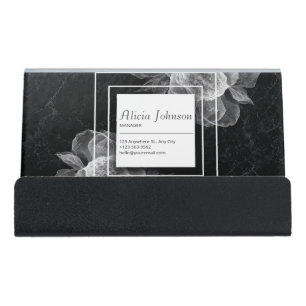 Elegant Sheer Floral & Black Marble Desk Business Card Holder