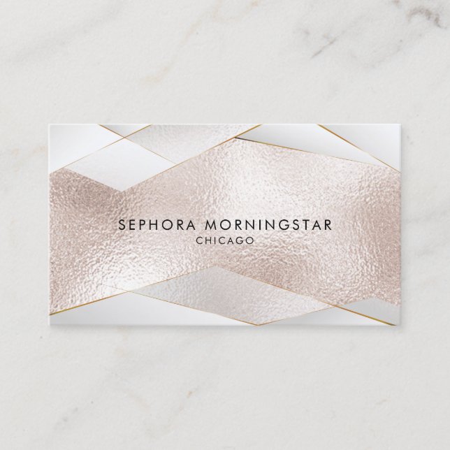 Elegant Sheer Gold Facets Rose Gold White Business Card (Front)
