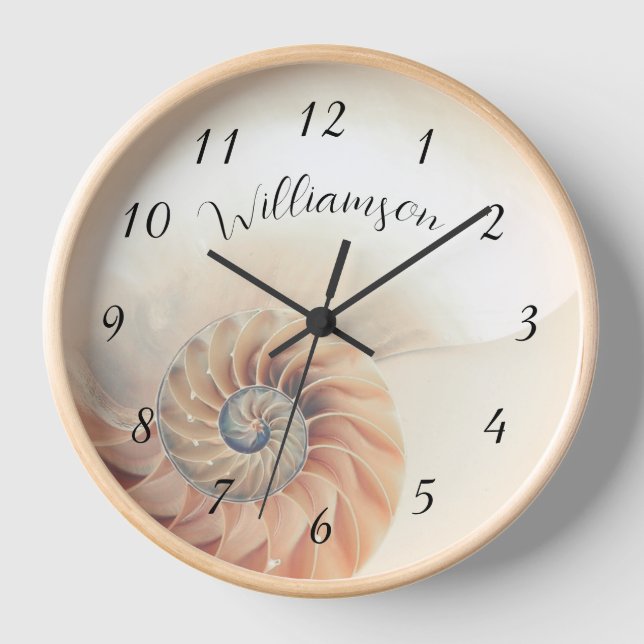 Elegant Shell Beige Family Name Coastal Clock (Front)