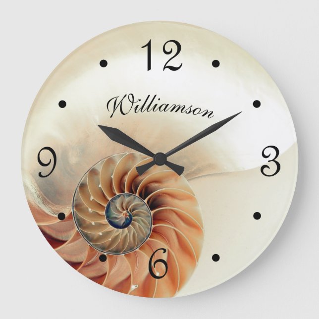 Elegant Shell Beige Family Name Coastal  Large Clock (Front)