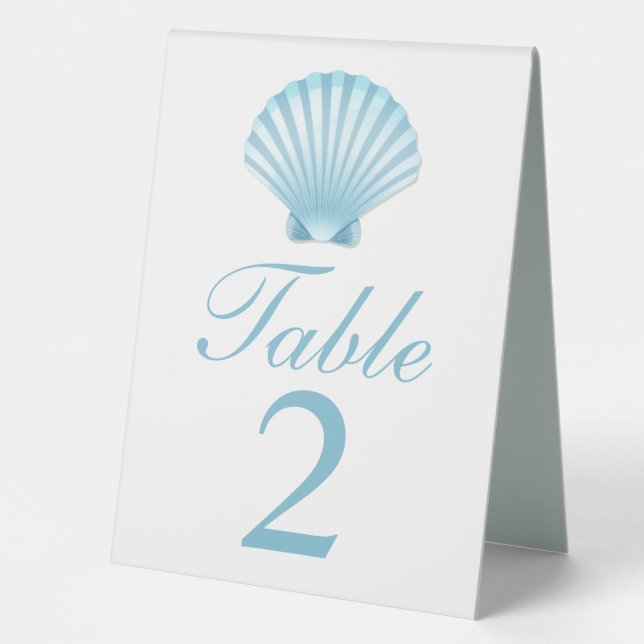 Elegant Shell Blue Nautical Beach Wedding Table Tent (Front)