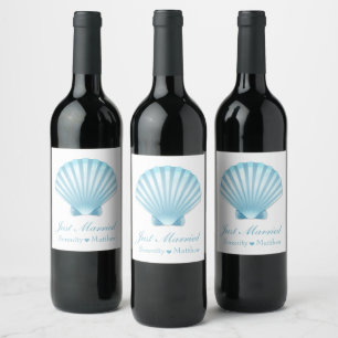 Elegant Shell Nautical Beach Just Married Wedding Wine Label