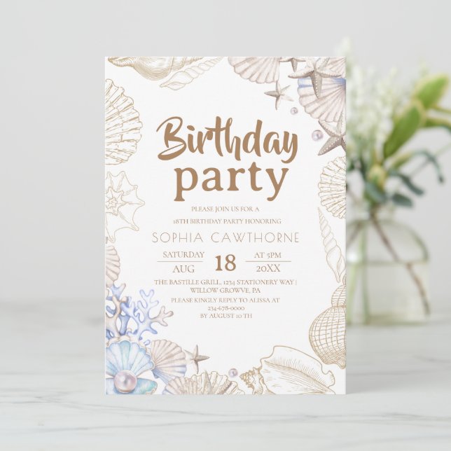 Elegant Shells Ocean Birthday Party Invitation (Standing Front)