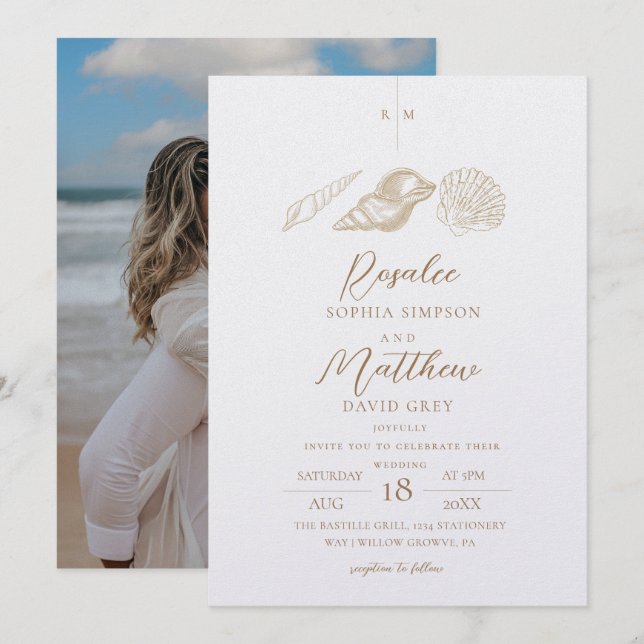 Elegant Shells White & Gold Coastal Wedding Invitation (Front/Back)