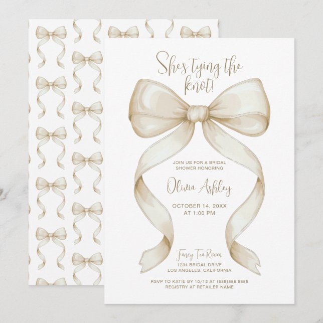 Elegant She's Tying the Knot Bow Bridal Shower Invitation (Front/Back)
