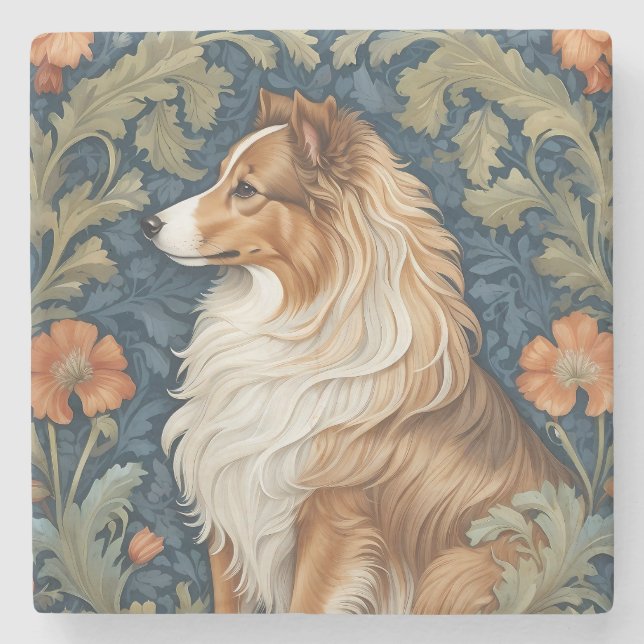Elegant Shetland Sheepdog William Morris Inspired Stone Coaster (Front)