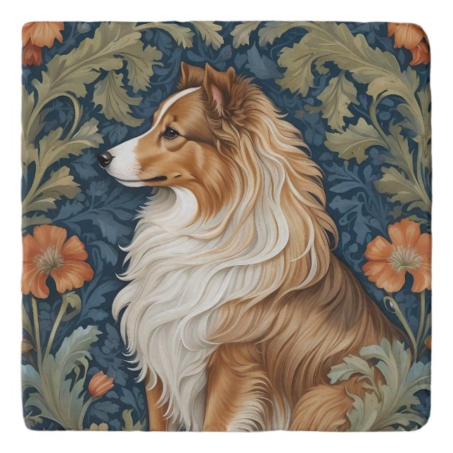 Elegant Shetland Sheepdog William Morris Inspired Trivet (Front)