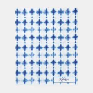 Elegant Shibori Blue Pattern Custom Name Fleece Blanket