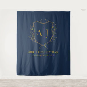 Elegant Shield monogram wedding blue gold backdrop