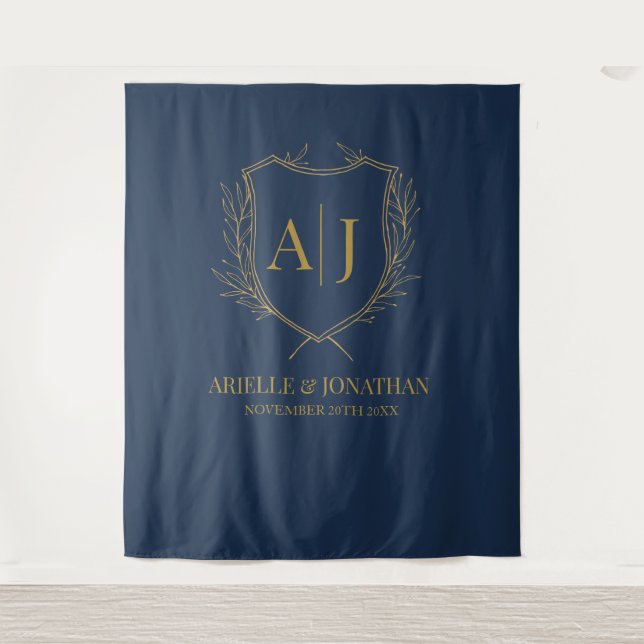 Elegant Shield monogram wedding blue gold backdrop (Front)