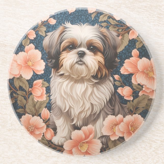 Elegant Shih Tzu Dog William Morris Inspired Coaster (Front)
