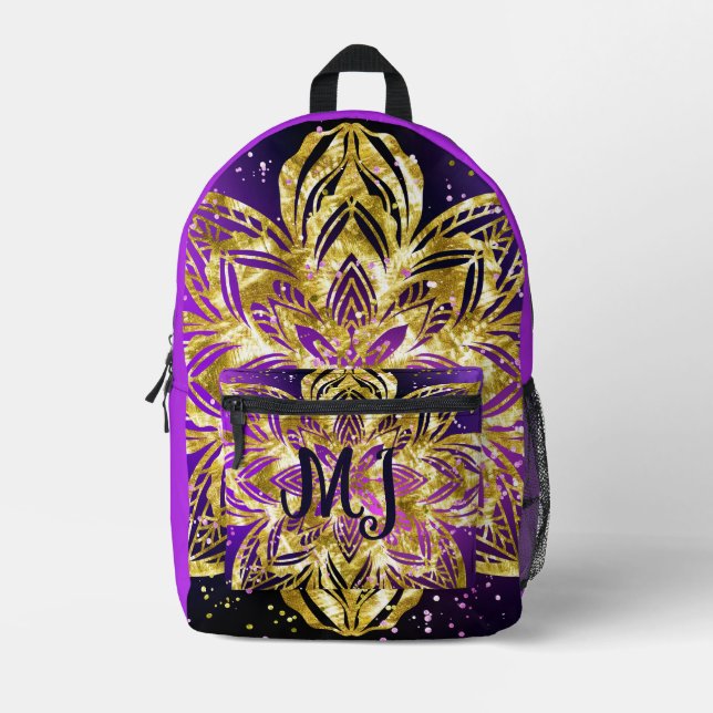 Elegant Shimmer Purple Gold Mandala Personalize Printed Backpack (Front)
