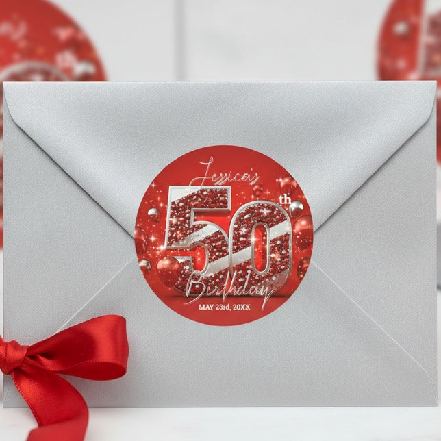 Elegant Shimmering Red and Silver 50th Birthday Classic Round Sticker (Creator Uploaded)
