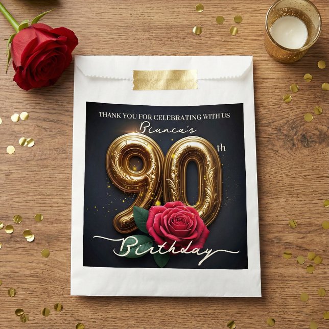Elegant Shiny Black Gold Red Rose 90th Birthday Favor Bag (Creator Uploaded)