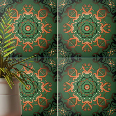 Elegant Shiny Bronze Ornate Filigree On Green Tile 