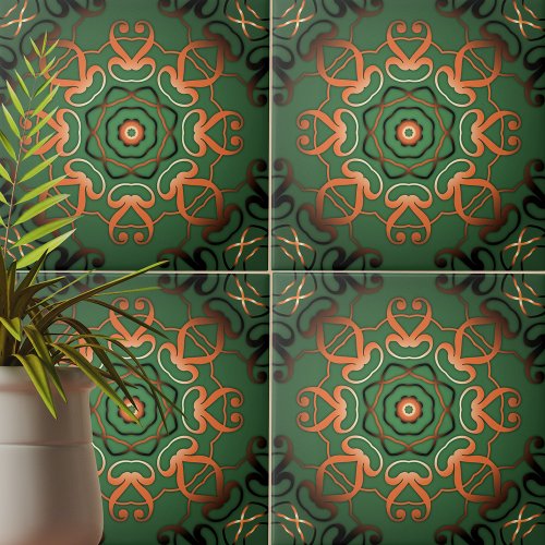 Elegant Shiny Bronze Ornate Filigree On Green  Ceramic Tile