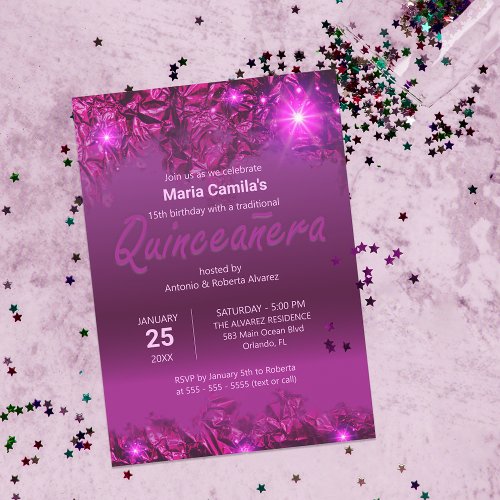 Elegant Shiny Chic Purple Modern Quinceaera  Invitation