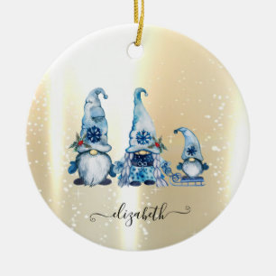 Elegant Shiny,Faux Gold,Blue Gnomes Ceramic Ornament
